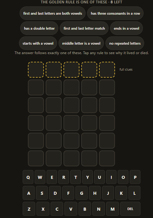 Step 1. The board at the start of a round, with the eight candidate rules listed above six empty guess rows.