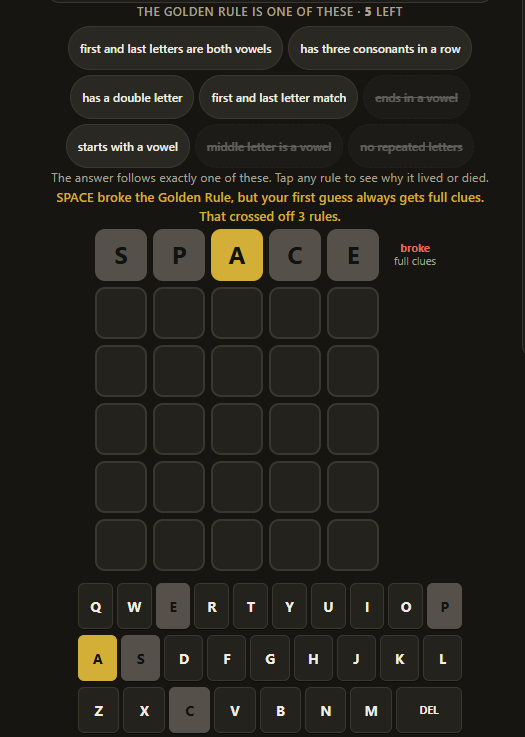 Step 2. A first guess scored with green and gold tiles, tagged as having followed the hidden rule.